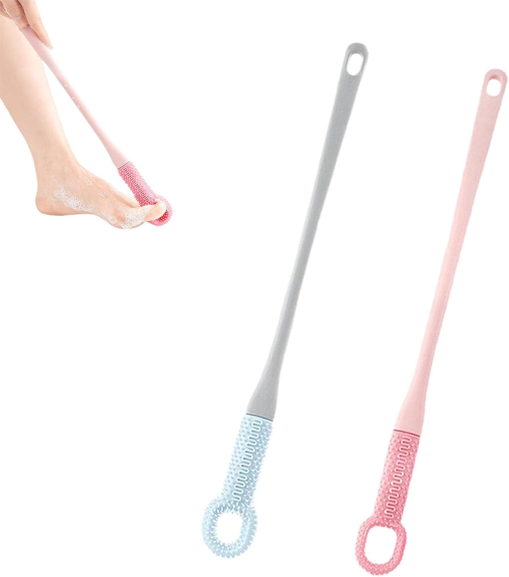 2PCS Easy Reach Deep Cleaning Foot Brush, Foot Scrubber in Shower, Toe Cleaning Brush with 15.7" Long Handle, Long Handle Silicone Gap Brush Between Toes Cleaner for Men, Women & Seniors (Pink,Blue)