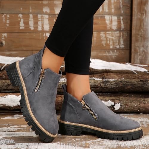 ZSpzx Women Suede Ankle Boots Platforms Buckle Straps Chunky Block Heels Round Toe Slip on Retro Solid Short Booties Stylish Casual Comfortable Fall Winter Office Walking Western Shoes