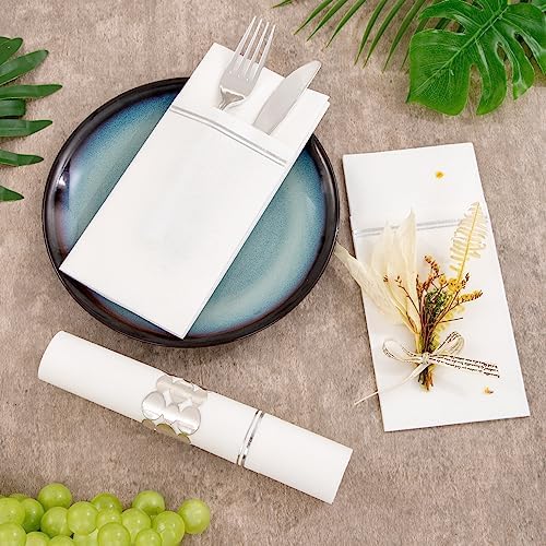 Nervure 100PCS Silver Paper Napkins with Built-in Flatware Pocket - White and Silver Prefolded Cloth Like Disposable Napkins - Heavy-duty Linen-Feel Dinner Napkins for Party & Wedding & Dinner