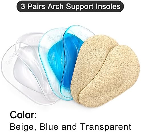 Dr. Foot's Arch Support Shoe Insoles for Flat Feet, Gel Arch Inserts for Plantar Fasciitis, Adhesive Arch Pad for Relieve Pressure and Feet Pain- 3 Pairs (Beige+Blue+ Clear, 3 Count (Pack of 1))
