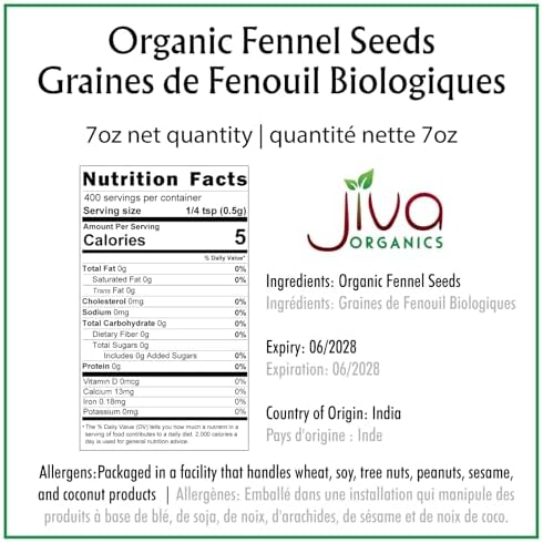 Jiva Organic Fennel Seeds 7 Oz Bag - Non-GMO, Certified, Vegan - Resealable Bag - Product of India