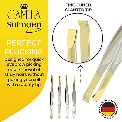 CS29 3 1/2" Gold Tipped, Surgical Grade, German Carbon Steel Tweezers (Slanted) - Flawless Eyebrow and Facial Hair Shaping and Removal for Men/Women