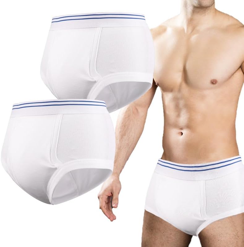 Incontinence Underwear for Men 2 Pack Washable Mens Incontinence Briefs with Front Absorbent Area Leak Proof Underwear for Men Reusable Urinary Incontinence Underwear (White, M)