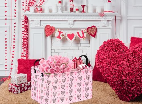 Valentines Basket Rec Heart Print Box Hamper Storage Basket Collapsible Organizer Bin Gift Shelf Baskets for Home and Kitchen Storage