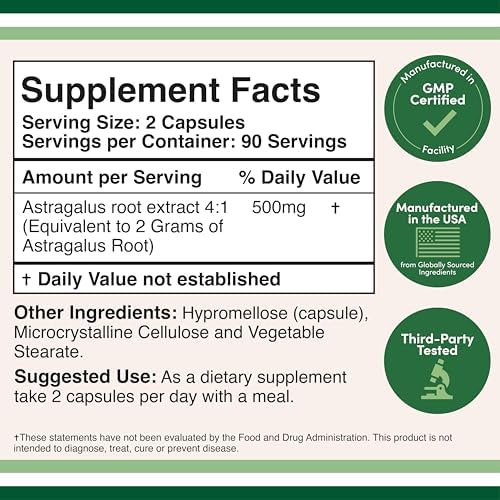 Double Wood Supplements Immune Boosting Astragalus 500mg 180 Capsules - Rich in Flavonoids and Polysaccharides - Non-GMO, Gluten Free, Third Party Tested