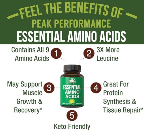 All 9 Essential Amino Acids Supplement. Capsules with 3X More Leucine for Muscle Recovery, Growth. EAA Supplement Better Than BCAA / BCAAS Branched Chain Aminos Acid. USA Tested EAAs for Men + Women