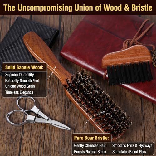 URTHEONE Premium Beard Brush Grooming Kit for Men - 100% Natural Boar Bristle Brush with Ergonomic Handle, Cleaning Brush & Folding Scissors - Complete Beard Care Set for Styling and Maintenance