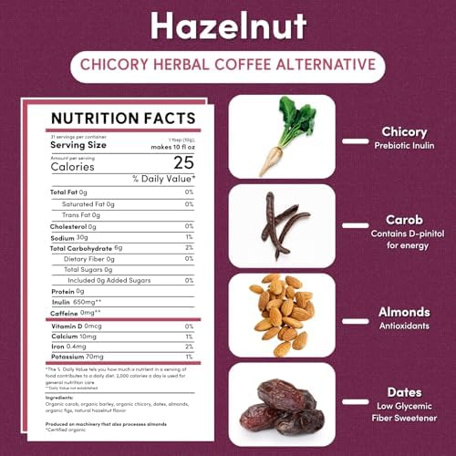 Teeccino Hazelnut Chicory Coffee Alternative - 11 Ounce - Ground Herbal Coffee That’s Prebiotic, Caffeine Free & Acid Free, Medium Roast