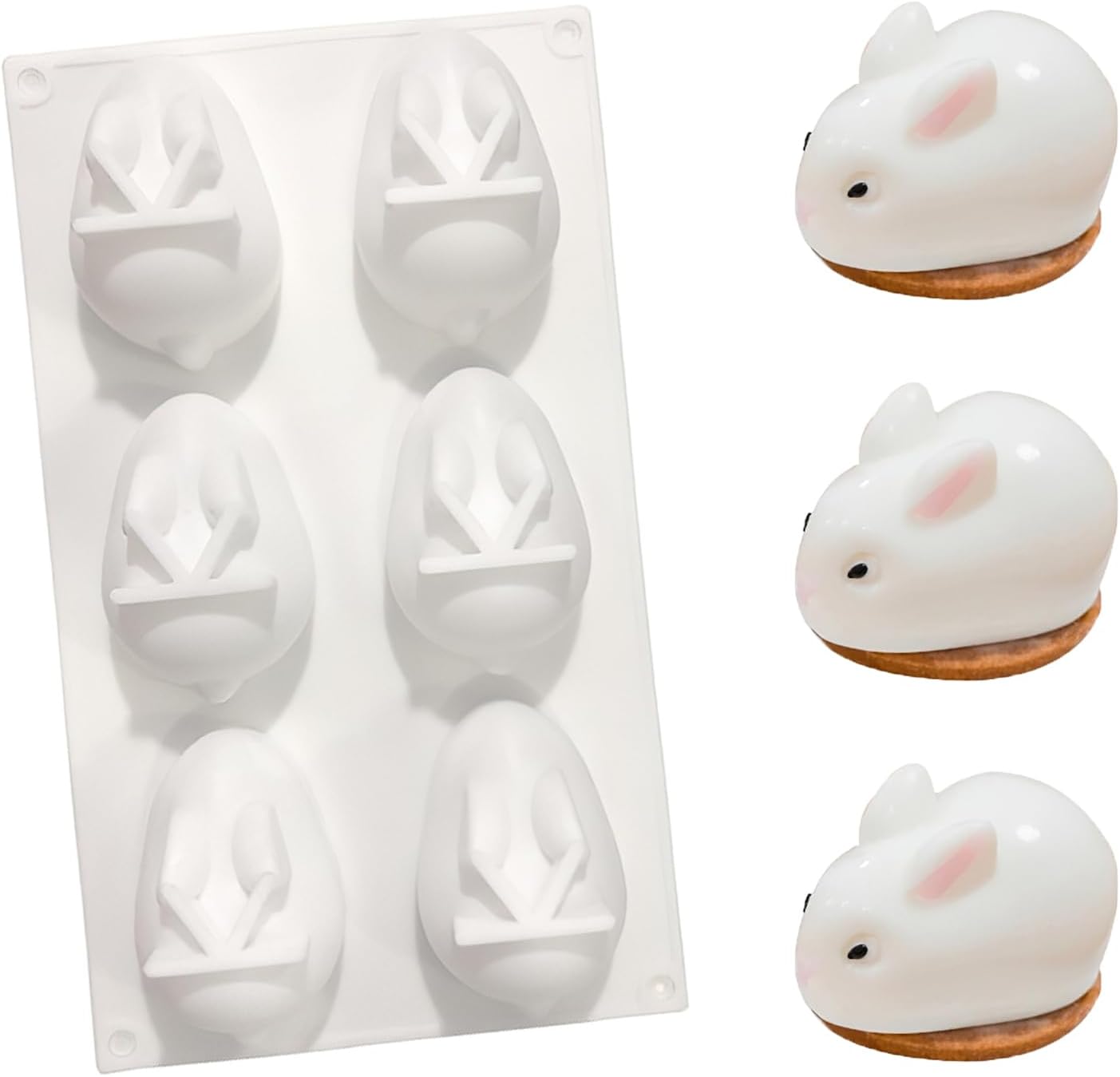 AUOCATTAIL 6 Cavity Easter Rabbit 3D Silicone Molds Rabbit Shape Silicone Baking Mold DIY Mousse Cake Pudding Jelly Dessert Fondant Cheesecake Soap Ice Tray Chocolate Candy Molds