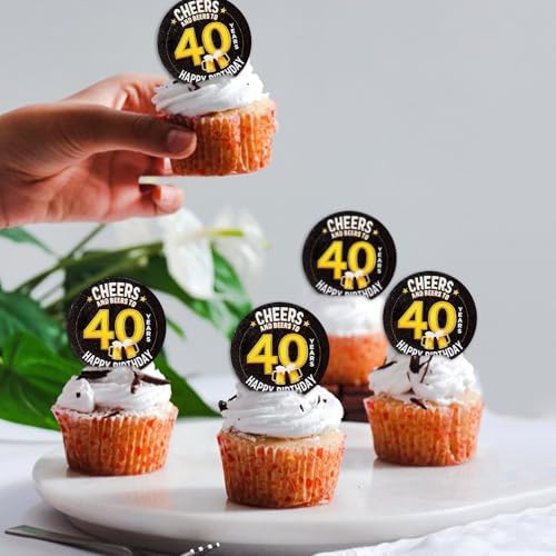 40Pcs Edible Cheers Beers to 40 Years Cupcake Toppers Edible Black Happy 40th Birthday Cupcake Picks Drink Toppers for Cheers Beers Theme 40th Men Birthday Party Decorations