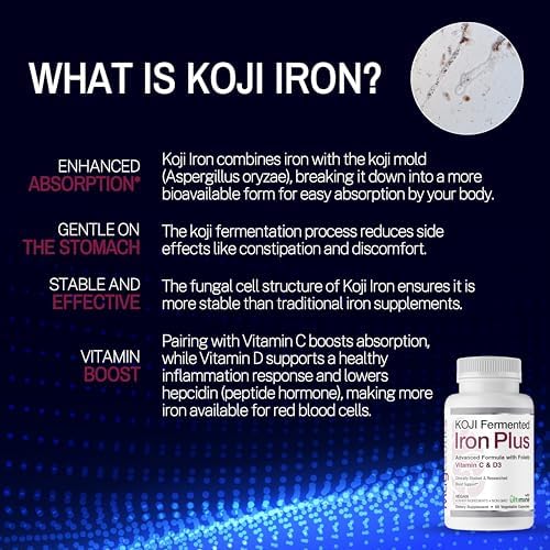 Koji Fermented Iron Plus - Iron Supplement with Vitamin C, Vitamin D3 and Folate for Blood Support, Easily Absorbed and Bioavailable, Stomach Friendly, Vegan, Non-GMO - 60 Capsules
