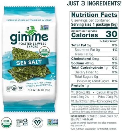 Gimme Seaweed Organic Premium Roasted Seaweed Snacks, Sea Salt, 6 Count, Keto, Vegan, Gluten-Free, Great Source of Omega3s and Iodine, Healthy On-The-Go Snack for Kids and Adults