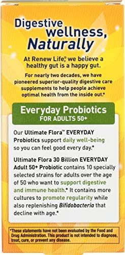 Renew Life Probiotic Adult 50 Plus Probiotic Capsules, Daily Supplement Supports Urinary, Digestive and Immune Health, L. Rhamnosus GG, Dairy, Soy and gluten-free, 30 Billion CFU, 30 Count