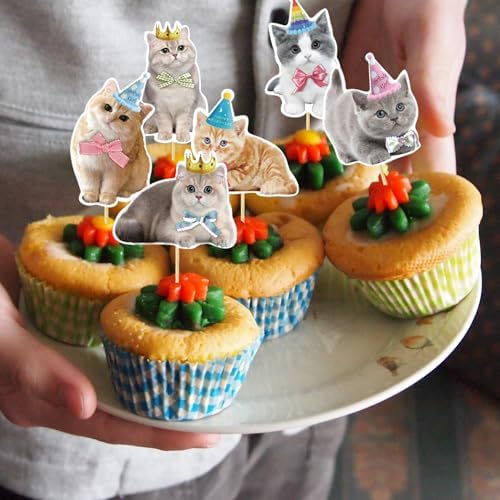 24Pcs Cat Cupcake Toppers Cats Face Cake Toppers Kitten Pet Theme Decorations Suitable For Cat Themed Birthday Parties Or Baby Showers Party Decorations