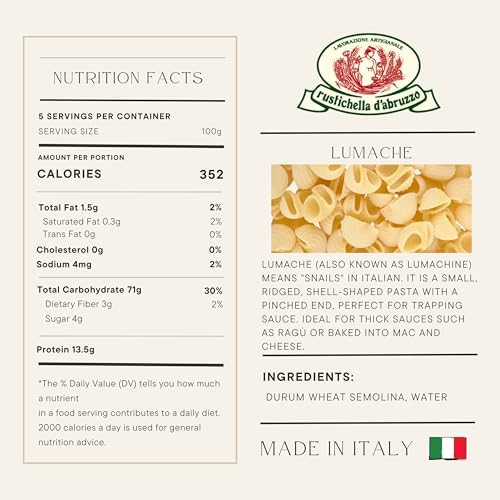 Rustichella d’Abruzzo Lumache Pasta 500g (17.6oz) | Authentic Italian Short Pasta from Abruzzo | Artisan Durum Wheat Semolina | Traditional Shell-Shaped | Pack of 1