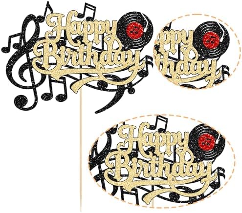 Ephlyn 1Pc Music Happy Birthday Cake Topper Gold Black Glitter Musical Symbol CD Cake Pick Music Cake Decorations for Concert Singer Theme Baby Shower Birthday Party Decorations Supplies