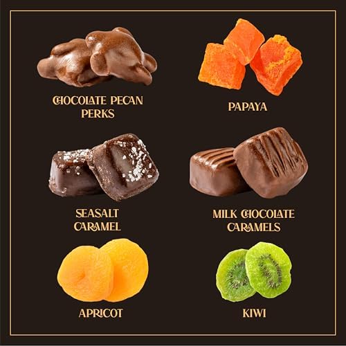 Premium Fruit & Chocolate Gift Box – Assortment with Chocolate Pecans, Dried Apricots, Kiwi Slices, Papaya, Sea Salt Caramels & Milk Chocolate Caramels – Perfect for Gifting