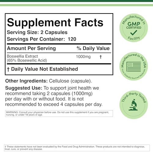 Boswellia Serrata - 240 Capsules (Max Strength 1,000mg of 65% Boswellic Acid Extract) Boswellia Extract Capsules (Joint Support Supplement for Joint Health) Third Party Tested by Double Wood