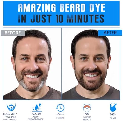 Mens Beard & Mustache Dye Shampoo, Instant 100% Grey Hair Coverage, 3 in 1 Black Beard Color Shampoo for Men Facial Hair, Easy to Use & Dermatologist Tested, 200ML