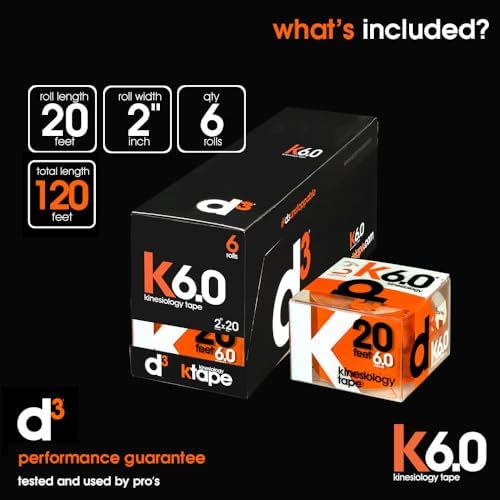 d3 K6.0 Kinesiology Tape - 2in x 20ft Orange (6 Rolls) Latex-Free Hypoallergenic Joint Muscle Sports Medical Injury Support