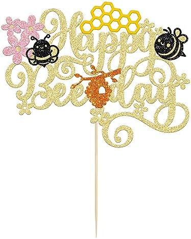 Gyufise 1Pcs Happy Bee Day Cake Topper Glitter Honeycomb Flower Bumble Bee Theme Cake Pick Baby Shower Bee Cake Decoration for Gender Reveal Baby Shower Kids Boys Girls Birthday Party Supplies Gold