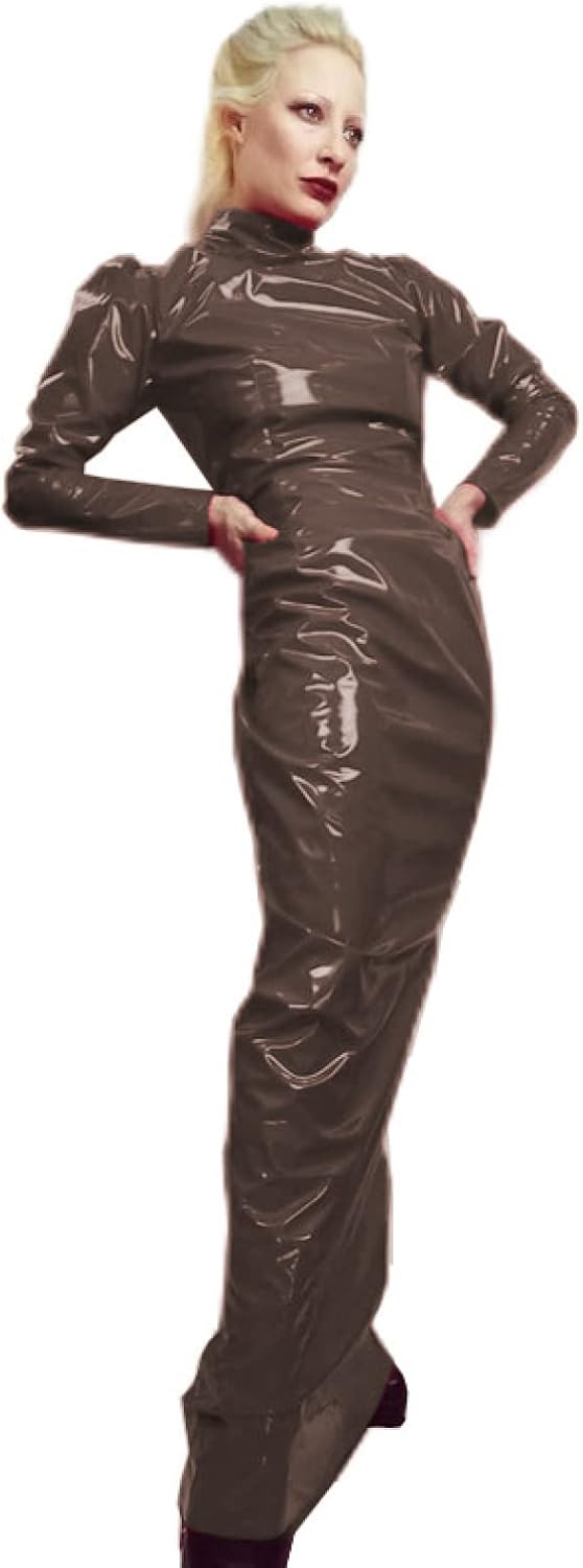 Wetlook PVC Dress Latex Faux Leather Tight Dress Turtleneck Long Sleeve Slim Bodycon Dress,Dark Brown,L