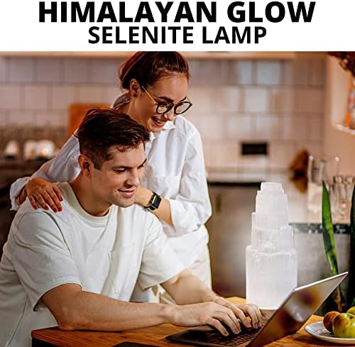 Himalayan Glow Selenite Crystal Lamp 20cm, Hand Curved Morocco |Skyscraper| Crystals and Healing Stones,(ETL Certified) with Wooden Base & USB Charging Cable For Healing Cleansing & Meditation