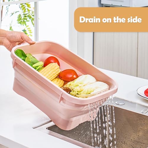 Collapsible Dish Pans, 2Gal (7.5L) Capacity, Plastic Dish Tub Dishpan for Kitchen Sink with Drainage Hole, Foldable Small Wash Basin for Kitchen, Camping, Travel (Pink)