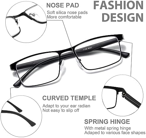NaNaKo 3 Pack Reading Glasses for Men, Lightweight Blue Light Blocking Metal Frame Mens Readers