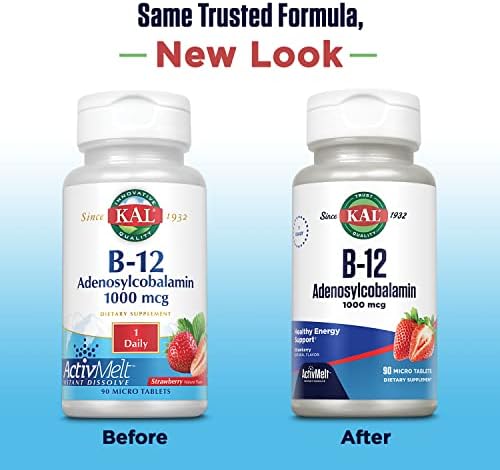 KAL Vitamin B12 Adenosylcobalamin 1000 mcg - B 12 Vitamin, Active B-12 1000mcg for Women & Men, Energy Support - Strawberry Flavor - 90 ActiveMelt Micro Tablets