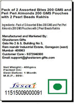 Jaiccha Ghasitaram Gifts Rakhi Gifts for Brothers Rakhi Sweets - Pack of 2 Assorted Bites 200 GMS and Peri Peri Almonds 200 GMS Pouches with 2 Pearl Beads Rakhis
