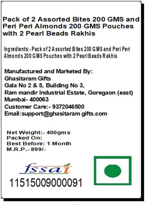 Jaiccha Ghasitaram Gifts Rakhi Gifts for Brothers Rakhi Sweets - Pack of 2 Assorted Bites 200 GMS and Peri Peri Almonds 200 GMS Pouches with 2 Pearl Beads Rakhis