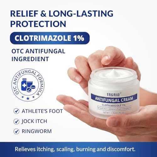 TAGRID NDC-Approved 1% Clotrimazole Antifungal Cream: Powerful, Non-Prescription Relief for Ringworm, Athlete's Foot, and Jock Itch - 50g