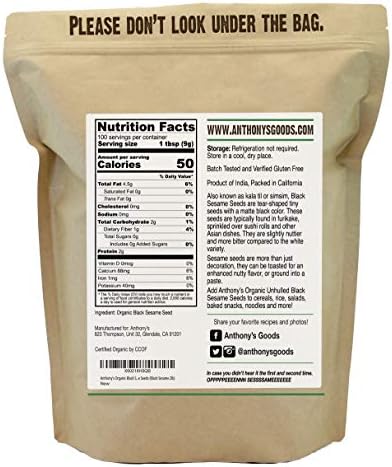 Anthony's Organic Black Sesame Seeds, 2 lb, Raw, Unhulled, Batch Tested & Verified Gluten Free, Keto Friendly