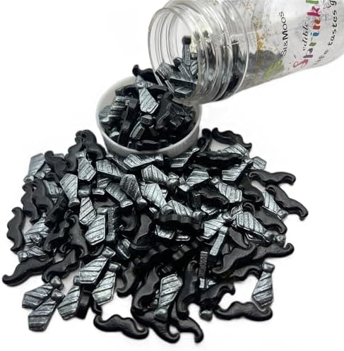 SE Si&Moos Edible Candy Mustaches Edible Man’s Tie Sprinkles-Mustaches and Tie Shaped Candy Cake Decorations, Black Themed Birthday Sprinkles for Decorating Cakes, Cupcakes, Cookies & Desserts 3 OZ