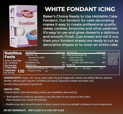 White Fondant Icing - 4 oz. - Ready to Use Cake Decorating Frosting - Easy To Roll, Moldable, Kosher, Dairy Free, and Nut Free - White Fondant For Cakes Cupcakes and Cookies - By Baker’s Choice