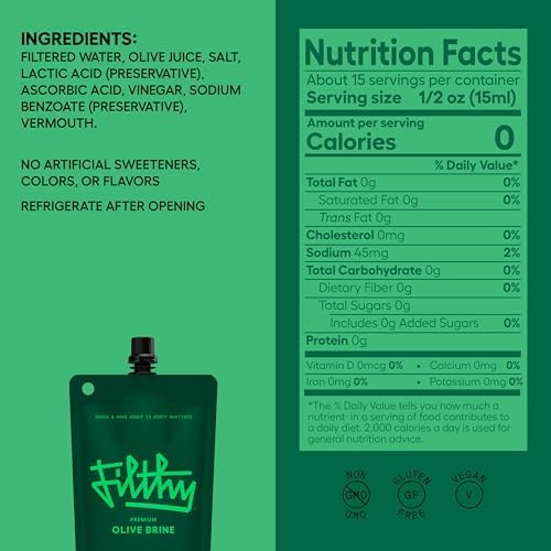 Filthy Olive Brine, Premium Cocktail Mixer, Filtered for Dirty Martinis, Olive Juice for Cocktails, Made from Naturally Cured Olives, Non-GMO, Gluten Free, 8 Oz Pouch, 6 Pack