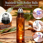 PrettyCare 12-Pack Amber Glass Roller Bottles for Essential Oil with Stainless Steel Roller Ball - 10 ml Refillable Leak-proof Empty Roll on Bottles with Caps for Perfume, DIY, Beauty & Personal Care