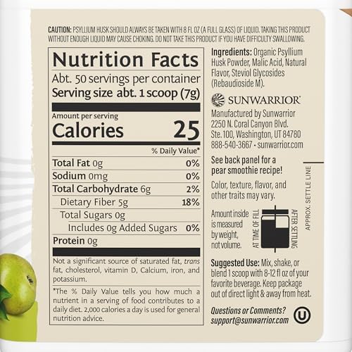Sunwarrior Organic Psyllium Husk Powder – Plant-Based Fiber for Gut Health & Regularity, Supports Digestion & Satiety Certified Organic, Gluten-Free, Non-GMO, Keto-Friendly – 50 Servings Pear Flavored