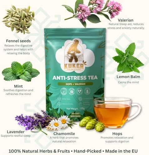KUKER Anti-Stress Tea 100g Loose Leaf – Calming Herbal Tea with Chamomile, Valerian, Lavender & Lemon Balm – Natural Anxiety Relief & Sleep Support