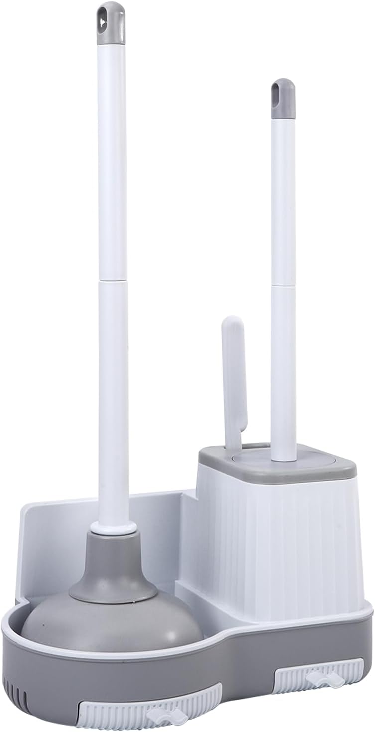 GENERIC Toilet Brush and Plunger Set, Integrated Storage 3-in-1 Toilet Brush and Plunger Combo with Gap Cleaning Brush, Bathroom Multi-Purpose Cleaning Set (White Gray)