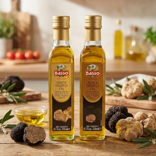 BASSO 1904 Black & White Truffle Oil Set – 2 Bottles x 8.5 fl oz (250ml) – High-Concentration Italian Extra Virgin Olive Oil with Real Black Winter & White Alba Truffles – Gourmet Finishing Oil for Pasta, Risotto & Pizza – Imported from Italy