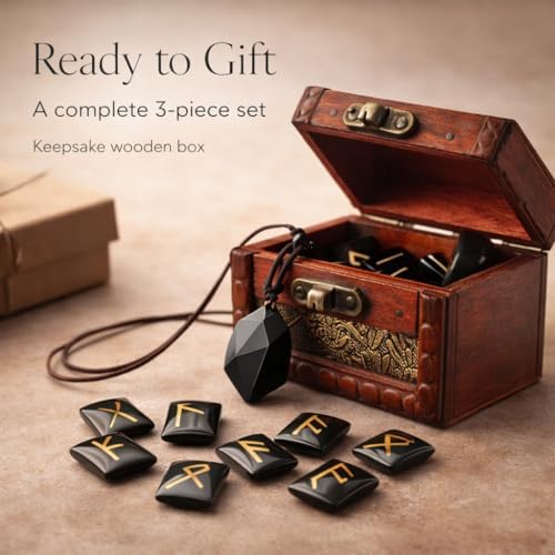 kcrygogo Rune Set with Elder Futhark Alphabet Crystal Meditation Divination Healing Chakra Reiki with Vintage Wooden Box and Natural Obsidian Pendant(3Pcs)