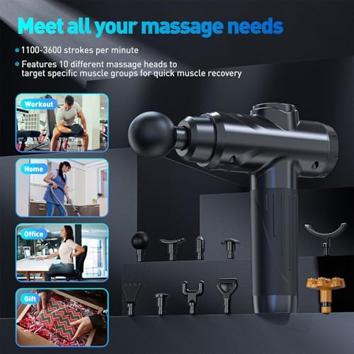 Massage Gun, Deep Tissue Percussion Massager for Pain Relief, Super Quiet Portable Body Relaxation Electric Muscle Massage Gun with 10 Attachment 30 Speed