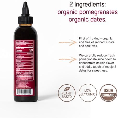 Just Date: Organic Pomegranate Syrup / 100% Natural / Organic Pomegranate Molasses / Healthy Alternative for Sugar, Honey or Maple / Low Glycemic Index & Packed with Nutrition / 8.8 oz Squeeze Bottle
