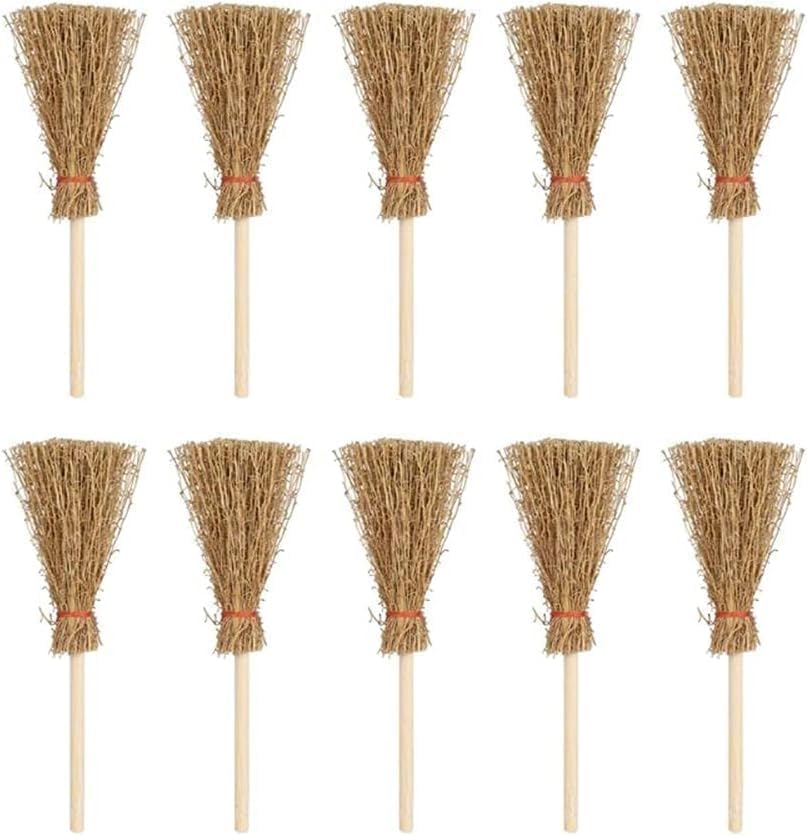 5Pcs Miniature Brooms with Straw Broomsticks - 1:12 Scale Dollhouse Accessories for Halloween Party Decor, Handmade Style Witch Broomstick Cosplay Props and Mini Furniture Display