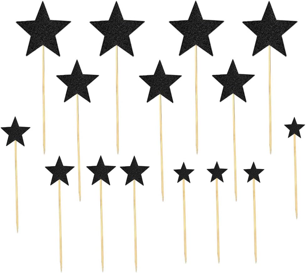 35 PCS Black Stars Cupcake Toppers Glitter Assembled Twinkle Star Cupcake Picks Bridal Shower Birthday Party Decorations for Wedding Engagement Birthday Party Cake Decorations Supplies Mixed Size Star