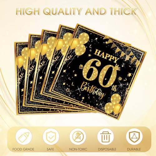 40PCS 60th Birthday Decorations Black and Gold 60th Birthday Napkins Disposable Paper Napkins 60 th Birthday Decorations for Men Woman 60th Anniversary Wedding Retirement Party Supplies