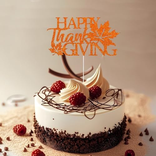 10Pcs Happy Thanksgiving Cake Toppers Glitter Maple Leaf Cupcake Toppers Fall Leaves Cake Topper for Thanksgiving Birthday Party Autumn Cake Decorations Supplies Orange
