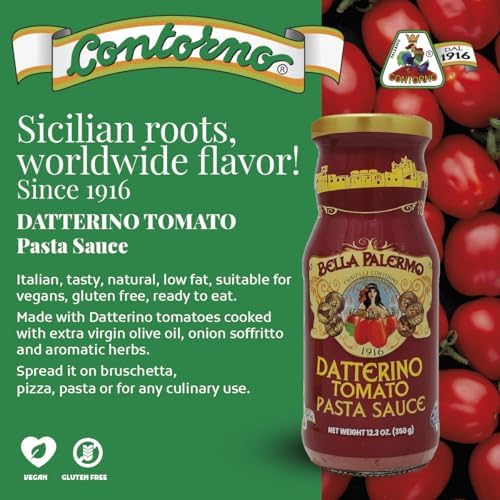 Contorno Datterino Tomato Pasta Sauce (11.6 Oz) 330g – Imported Authentic Italian with Extra Virgin Olive Oil, Tomatoes, & Basil, Gourmet Marinara for Spaghetti & Pizza, Non-GMO (2 Packs)